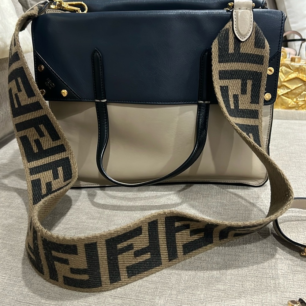 FENDI Flip Large Shoulder Bag 8BT303 leather Light Beige & Navy